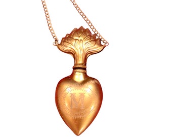 Gold, Sacred Flaming Heart Decanter Style Urn with Chain Gold Antique Finish