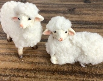 Tier Tray Decor, set of 2 Wooley Sheep, Little White Lambs, one sitting, one laying, resin and cotton, home decor, farmhouse ornaments