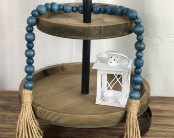 Blue Wooden Beaded Garland, Tier Tray Decor, Farmhouse Garland, Short Beaded Garland with Tassels, Bowl Filler, Home Decor, Cottage Chic 30"