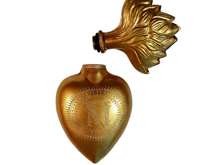 Featured listing image: Flaming Sacred Heart Decanter Style Urn, removable lid, Holy water vessel, Gold Antique Finish