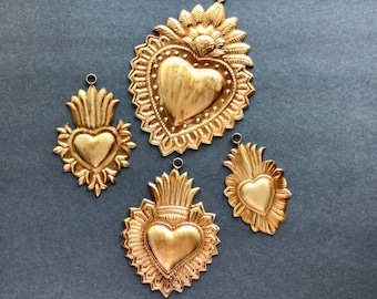 Flaming Hearts Set of 4 ornaments in gold antiqued finish