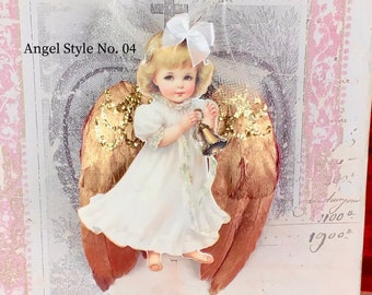 Style No. 04 Feather Angel Wings Ornament with Glitter, Gold Color, 5" inches tall x 4" inches wide Christmas Ornament, Package topper, Gift