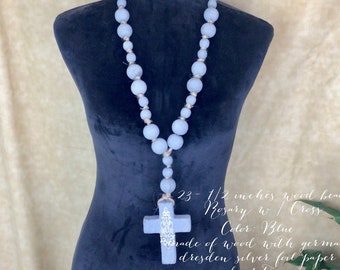 Blue 23- 1/2" inch Long, Wood Bead Rosary w/Cross and Silver Foil Accent, Bead Garland, Home Decor, Farmhouse, Religious, Christmas, Easter