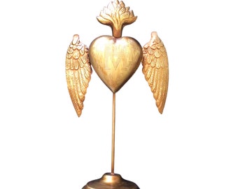 Sacred Heart Milagros with Wings on Stand in Bright Gold Finish, opens and closes to hold your prayers and offerings