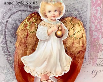 Style No. 03 Feather Angel Wings Ornament with Glitter, Gold Color, 5" inches tall x 4" inches wide Christmas Ornament, Package topper, Gift