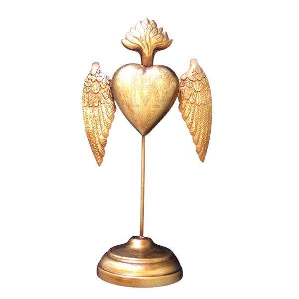 Sacred Heart Milagros with Wings on Stand in Bright Gold Finish, opens and closes to hold your prayers and offerings