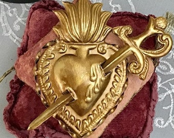 Sacred Flaming Heart, Coat of Arms Emblem, Antique Gold Finish