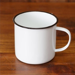 White with Black rim Enamelware 24 oz Camp Mug, use with decals, paint markers and personalize for gift.