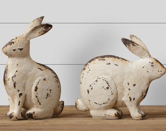 Pair of White Distressed and Rustic Bunnies, Tier Tray, Shelf Sitters, Coffee Table Vignette, Home Decor, Gift, Fragile, Resin