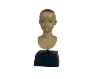 Santos Bust- Santa Amparo- ivory complexion- black wood pedestal- 6.25 inches Tall- 3.0 inches Wide- statue- vintage style santos replica