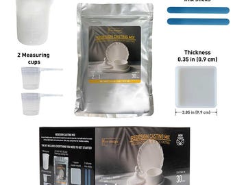 Re-Design Casting Mix Kit - 1 bag mix, 1 silicone mixing cup, 2 plastic measuring cups, 1 square coaster mold, 2 silicone mixing sticks