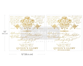 Queen's Glory - Re Design - Décor Transfers- 2 Sheet Set Vintage Typography 12" X 12" DIY - Mixed Media - Rub On - Maxi Transfer