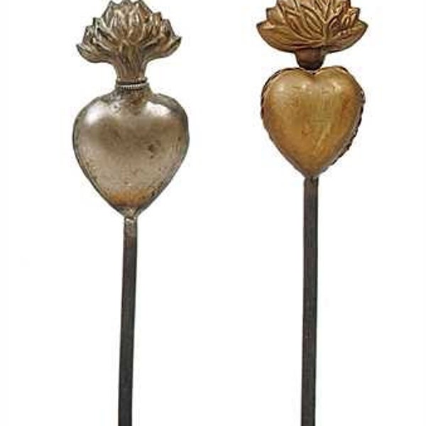 Religious Ex Votos Milagros Flaming Heart Tin Sacred Heart on stand locket set of two