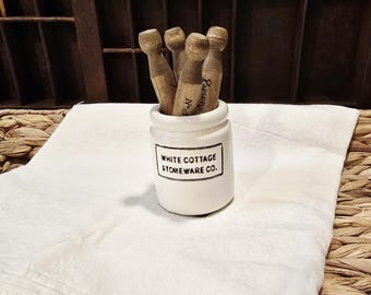 Mini White Stoneware Crock with Crazing 2.5"H x 2.0"D, includes four (4) stained and stamped vintage inspired clothespins with French theme