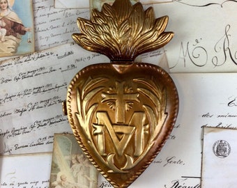 Sacred Heart Large Embossed Prayer Box or Rosary Box in Gold Antique finish, made of metal and has loop for hanging