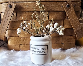 Mini White Stoneware Crock with Crazing 2.5"H x 2.0"D, includes mini bundle of dried Tallow Berries and Sweet Annie