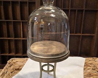Small Glass Bell Cloche on Round Stained Wooden and Iron base- choice of base finish