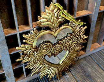 Mirror Tin Metal Wall Hanging- Immaculate Heart of Mary approximately 10"T x 8.5"W finished in antique gold.