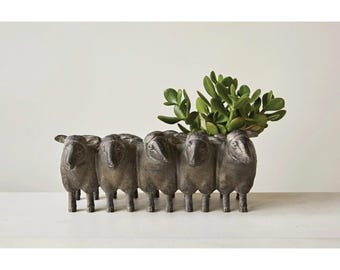 Distressed Sheep Planter Pewter color resin with drain plug