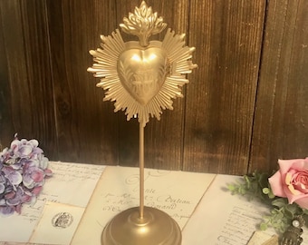Short Flaming Heart Locket on Stand in a Bright Gold Finish, display your vintage vignette