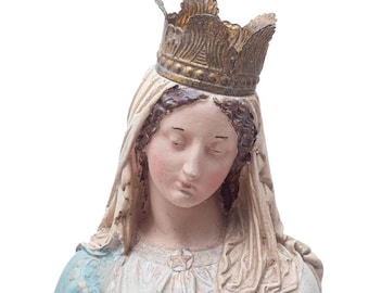 Hand-Painted Virgin Mary Bust with removable Crown, Magnesia wood and metal