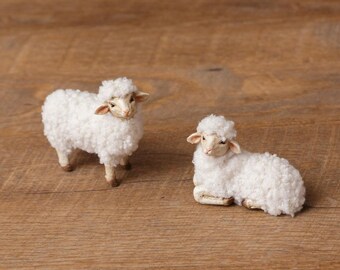 Tier Tray Decor, set of 2 Wooley Sheep, Little White Lambs, one sitting, one laying, resin and cotton, home decor, farmhouse ornaments