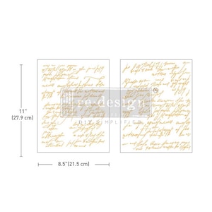 May include: Two rectangular decorative transfers with vintage script in a gold color. Each transfer measures 8.5 inches (21.5 cm) wide and 11 inches (27.9 cm) tall. The transfers are for DIY projects and feature the text "re-design DIY simplified".