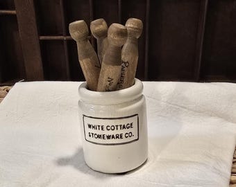 Mini White Stoneware Crock with Crazing 2.5"H x 2.0"D, includes four (4) stained and stamped vintage inspired clothespins with French theme
