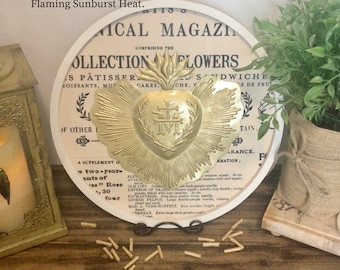 Religious Ex-Votos, Milagros, Flaming Heart, Tin Sacred Heart Wall Hanging Home Décor wood approximately 14" inches in round, golden color.