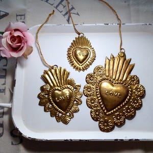 Gold Antiqued Hanging Hearts Set of 3, Tin Ornaments