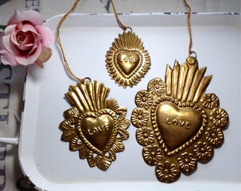 Gold Antiqued Hanging Hearts Set of 3, Tin Ornaments