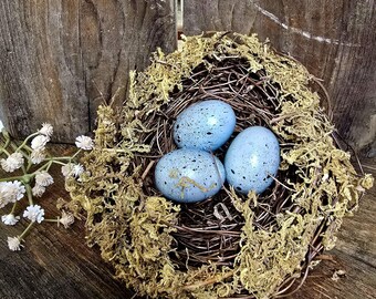 No. 101 Blue Eggs Birds Nest for Vignette home decor' Vine and Moss, with Three Blue and Black Speckled Eggs