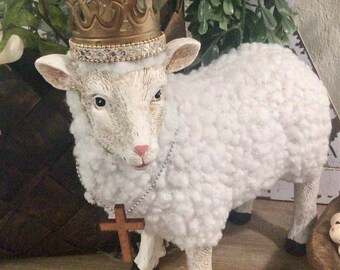 Large Standing Sheep with Crown and Crucifix Necklace, Resin Sheep, Standing Sheep, Animal Figurine, Removable Crown, Resin and Cotton Sheep