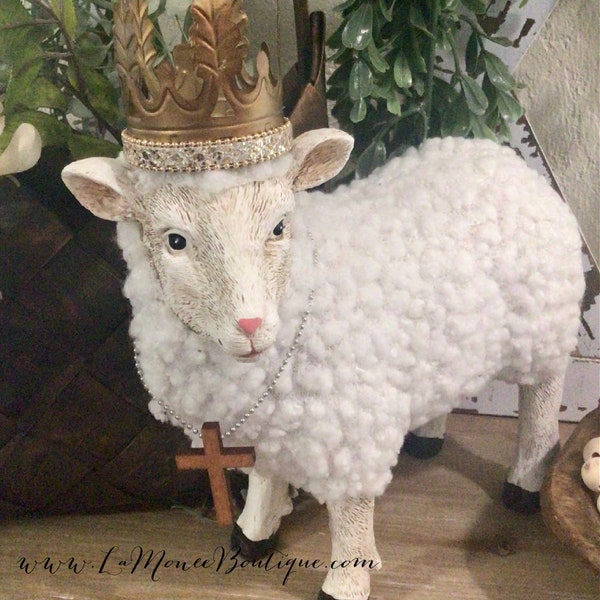 Large Standing Sheep with Crown and Crucifix Necklace, Resin Sheep, Standing Sheep, Animal Figurine, Removable Crown, Resin and Cotton Sheep