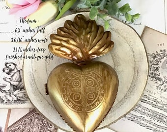 Sacred Heart Medium Prayer Box No. 2, Latin VADE RETRO SATANA, Gold Antique finish, made of metal, has loop for hanging, give as gift
