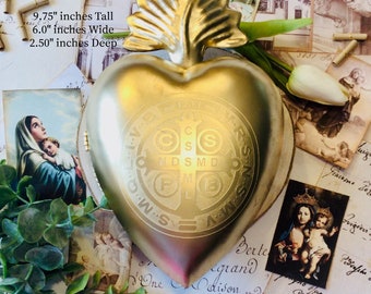 No. 03 Bright Gold Sacred Heart Large Prayer Box, Latin VADE RETRO SATANA, Ornament made of metal, has loop for hanging.