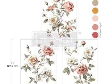 Creamy Blush Blooms - Re Design - Décor Transfers - Birds-Floral-Vintage- DIY - Mixed Media - Rub On -   Transfers 3 Sheets 8.5 x11 inches