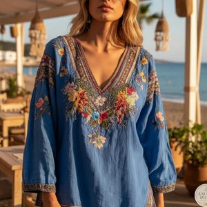 Tunika boho z haftem, bluzka z lnianej bawełny z dekoltem w serek, vintage'owy patchworkowy top boho z długim rękawem i festiwalowym topem