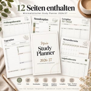 Peut inclure: Un planificateur d'études de 12 pages pour 2026/27 avec une couverture intitulée Mein Study Planner 2026/27 Schuljahr und Studienjahr. Les pages présentent des mises en page pour les examens, les plannings quotidiens, mensuels et les listes de tâches.