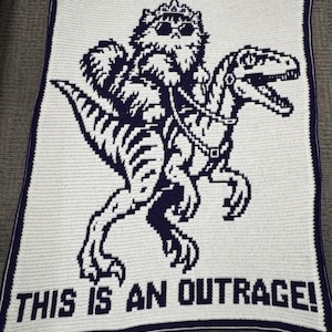 May include: A white and dark blue crocheted blanket featuring a pixelated graphic of a cat wearing sunglasses and a crown while riding a dinosaur. The text "THIS IS AN OUTRAGE!" is printed in dark blue block letters at the bottom of the blanket.