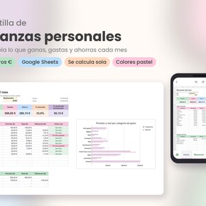 May include: A personal finance spreadsheet template displayed on a screen and a mobile device. The interface features pastel-coloured tables, charts, and columns for tracking monthly income, expenses, and savings in euros, with the text Plantilla de finanzas personales.