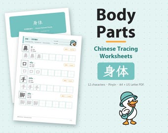 Body Parts Chinese Tracing Worksheets for Kids, 12 Characters, Mandarin Pinyin, Printable Kindergarten PDF