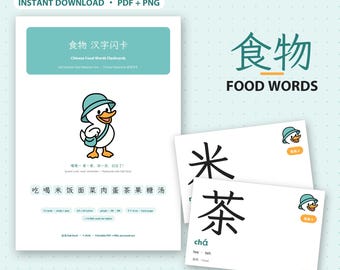 Könnte beinhalten: Ein Set aus 12 Lernkarten für chinesische Lebensmittelbegriffe mit einer Zeichentrickente, die einen türkisfarbenen Hut und eine Tasche trägt. Die Karten zeigen chinesische Schriftzeichen, Pinyin und englische Übersetzungen.
