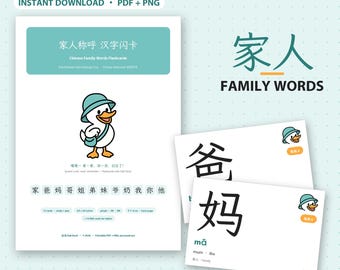 Könnte beinhalten: Ein Set aus 12 druckbaren Lernkarten für chinesische Familienbegriffe in A4 und US Letter. Die Karten zeigen eine Zeichentrickente mit blaugrünem Hut und Tasche sowie chinesische Schriftzeichen, Pinyin und englische Übersetzungen.