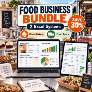 Puede incluir: Un paquete de productos digitales titulado Food Business Bundle que incluye dos sistemas de Excel para una panadería casera y un camión de comida. La pantalla muestra un portátil y una tableta con paneles de control de gestión.