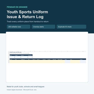 May include: A digital spreadsheet template titled Youth Sports Uniform Issue & Return Log. The interface features columns for Asset ID, Team, Uniform Item, Size, Jersey no, Player ID, Issue date, Due date, Return date, Return condition, Status, Notes, and ID check.