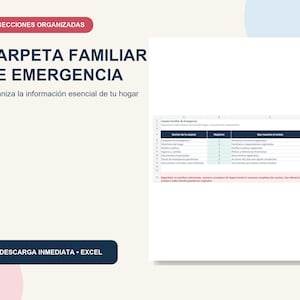 Op de afbeelding: Een digitaal spreadsheet-sjabloon getiteld CARPETA FAMILIAR DE EMERGENCIA met 8 SECCIONES ORGANIZADAS. Het document bevat een tabel met kolommen voor sectienamen, registeraantallen en inhoudsbeschrijvingen, plus een beveiligingsnotitie.