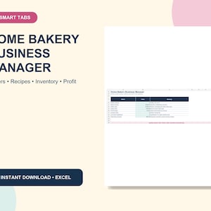 Puede incluir: Una plantilla de hoja de cálculo digital Home Bakery Business Manager con 6 pestañas inteligentes para gestionar pedidos, recetas, inventario y beneficios. La interfaz incluye encabezados azul oscuro, celdas blancas y un botón con el texto Instant Download Excel.