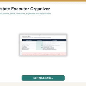 Puede incluir: Una plantilla de hoja de cálculo Estate Executor Organizer con el título Estate Executor Organizer y el subtítulo Track assets, debts, deadlines, expenses and beneficiaries. Incluye una tabla para el seguimiento de datos y un botón de Excel editable.
