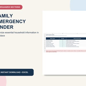Pode incluir: Um modelo digital de pasta de emergência familiar para Excel com 8 seções organizadas. O documento inclui uma tabela com colunas para seção da pasta, registros e descrição do conteúdo, além de uma nota de segurança sobre dados sensíveis.
